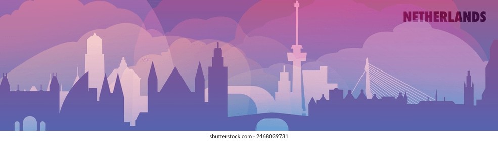 Netherlands country skyline with cities panorama, gradient vector thin banner. Purple color Amsterdam, Rotterdam, Utrecht, Eindhoven, The Hague cityscapes for footer, header, horizontal infographic