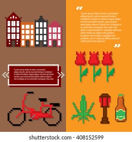 Netherlands culture symbols banner set. Pixel art. Old school computer graphic style.
