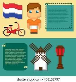 Netherlands Culture Symbols Banner Set. Pixel Art. Old School Computer Graphic Style.