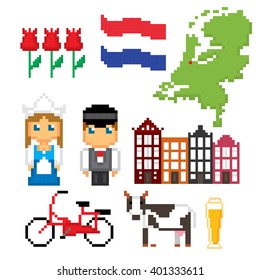 Netherlands culture symbols icons set. Pixel art. Old school computer graphic style.