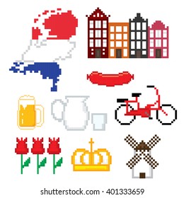 Netherlands culture symbols icons set. Pixel art. Old school computer graphic style.