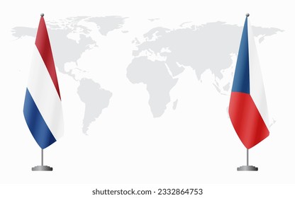 Netherlands and Czech Republic flags for official meeting against background of world map.