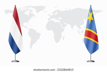 Netherlands and Democratic Republic of Congo flags for official meeting against background of world map.