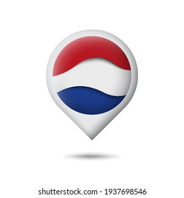 Netherlands, denmark flag icon in the shape of pointer, map marker. Waving in the wind. Abstract waving dutch flag. Paper cut style. Vector symbol, icon, button