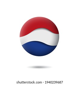Netherlands, denmark flag icon in the shape of circle. Waving in the wind. Abstract waving dutch flag. Paper cut style. Vector symbol, icon, round button