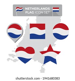 Netherlands denmark flag icons set in the shape of square, heart, circle, stars and pointer, map marker. Mosaic map of denmark. Waving dutch flag. Vector symbol, icon, button