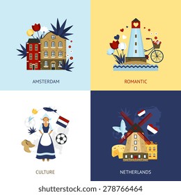 Netherlands design concept set with romantic amsterdam culture flat icons isolated vector illustration