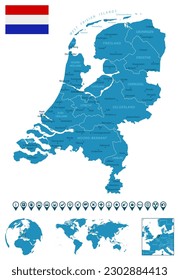 Países Bajos - mapa detallado del país azul con ciudades, regiones, ubicación en el mapa mundial y el globo. Iconos infográficos. Ilustración del vector