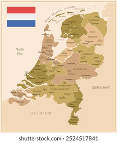 Netherlands - detailed map of the country in brown colors, divided into regions. Vector illustration
