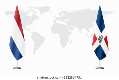 Netherlands and Dominican flags for official meeting against background of world map.