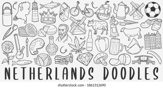 Netherlands doodle icon set. Travel Style Vector illustration collection. Banner Hand drawn Line art style.