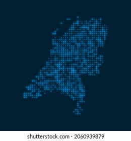 Mapa de brillantes puntos neerlandeses. Forma del país con bombillas azules brillantes. Ilustración vectorial.