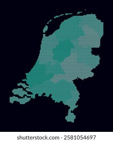 Netherlands dotted map. Digital style map of the country on dark background. Netherlands shape with circle dots. Colored dots style. Small size circles. Vibrant vector illustration.