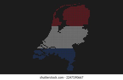 Netherlands dotted map flag with grunge texture in mosaic dot style. Abstract pixel vector illustration of a country map with halftone effect for infographic. 