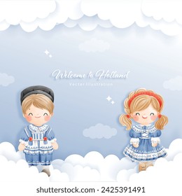 The Netherlands, Dutch Boy and Girl in Traditional Clothes, Watercolor Vector Illustration