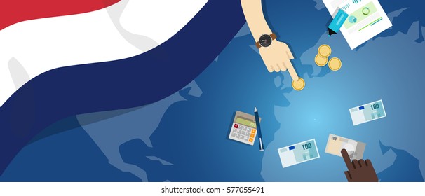 Netherlands Dutch economy fiscal money trade concept illustration of financial banking budget with flag map and currency