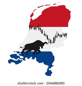 Ilustración vectorial de la economía de los Países Bajos con bandera de los Países Bajos y organigrama de la empresa, gráfico de barras número de acciones mercado en alza, gráfico de tendencia ascendente simboliza el crecimiento