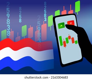 Netherlands economy illustration, businessman with smartphone, binary option
