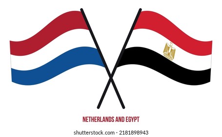 Banderas de los Países Bajos y Egipto cruzadas y ondeando estilo plano. Proporción oficial. Colores correctos.