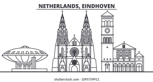 Netherlands, Eindhoven line skyline vector illustration. Netherlands, Eindhoven linear cityscape with famous landmarks, city sights, vector landscape. 