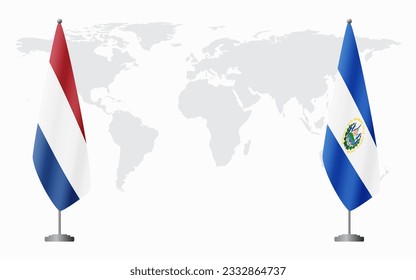 Netherlands and El Salvador flags for official meeting against background of world map.