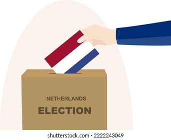 Netherlands election and vote concept, political selection, man hand and ballot box, democracy and human rights idea, election day, vector asset with Netherlands flag