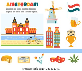 Netherlands elements end symbols, Windmill, Amsterdam channel, cheese, 	the Rijksmuseum, bicycle, Dutch flag, tulips, cannabis