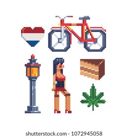 Netherlands elements pixel art 80s style icons Part 2, sexy woman character, leaf cannabis sign, bicycle
isolated vector illustration. 8-bit sprite. Design stickers, logo, mobile app.