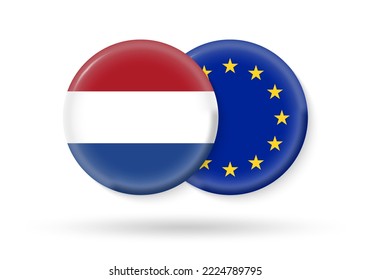 Banderas de círculo de los Países Bajos y la UE. Icono 3d. Símbolos de la Unión Europea y los Países Bajos. Ilustración vectorial.