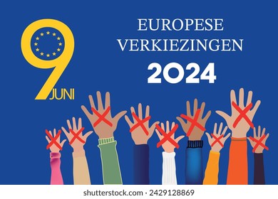 Netherlands Europese VERKIEZINGEN. European elections 2024 in language Dutch. People raising hands. Cross check marks and European Flag Background with Stars. flat vector illustration.