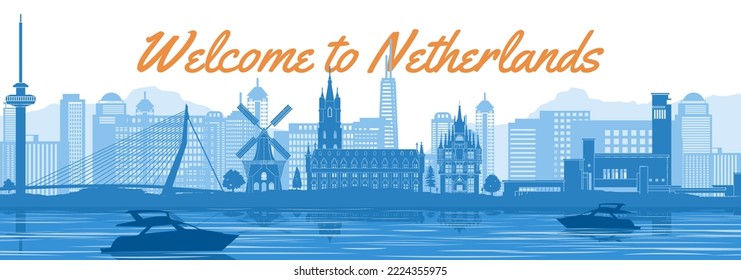 Netherlands famous landmark with blue and white color design,vector illustration