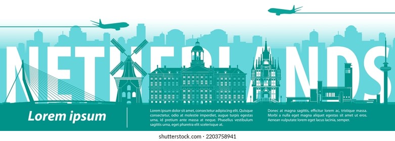 Netherlands famous landmarks by silhouette style,vector illustration