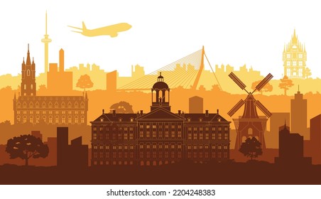 Netherlands famous landmarks by silhouette style,vector illustration