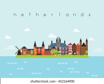 Netherlands Famous Landmarks Infographic Templates for Traveling Minimal Style and Icon, Symbol Set Vector Illustration Can be use for Poster Travel book, Postcard, Billboard.