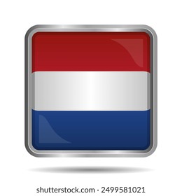 Drapeau des Pays-Bas Illustration vectorielle 3D brillante, forme rectangulaire ou carrée, fichier EPS évolutif. Bouton de drapeau hollandais carré avec cadre argenté élégant, premium et brillant.
