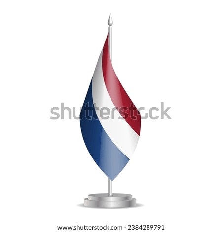Netherlands flag - 3D mini flag hanging on desktop flagpole. Usable for summit or conference presentaiton. Vector illustration with shading.
