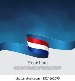 Netherlands flag background. Netherlands flag wavy ribbon on blue white background. National poster. Vector design. State patriotic banner, cover, flyer