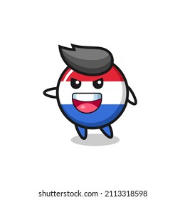 netherlands flag badge cartoon with very excited pose , cute style design for t shirt, sticker, logo element