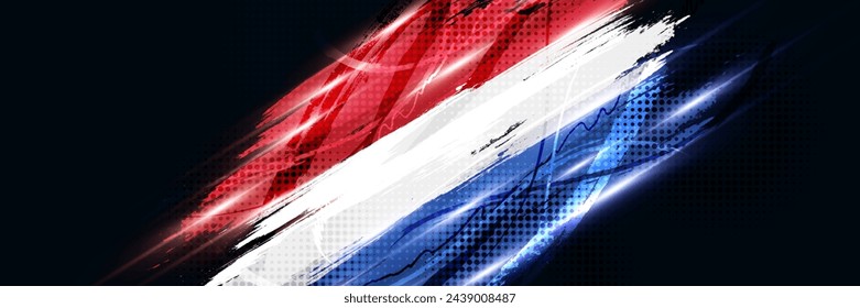 Netherlands Flag in Brush Paint Style with Halftone and Shining Light Effects. The Flag of Netherlands in Grunge Brush Style