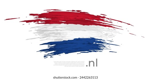 Netherlands flag brush strokes, grunge. Holland flag colors stripes on white background. Vector stylized national poster design, template. Place for text. Tricolor. State dutch patriotic banner, flyer