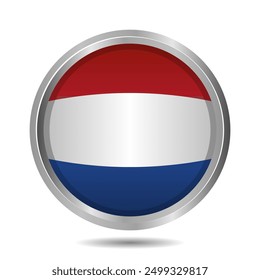 Netherlands Flag Button Isolated on White, 3D Illustration of the Dutch flag Symbol, Circular Icon with Highlight Overlay, Editable and scalable vector EPS.