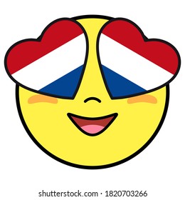 Netherlands flag button. Patriotic smile in hearts glasses. Emoji icon isolated on white background.