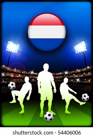 Netherlands Flag Button with Soccer Match in Stadium Original Illustration