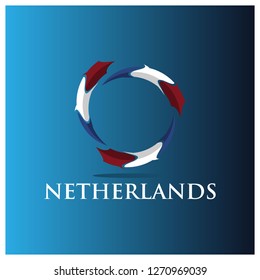 Netherlands flag circle stock vector. Vector illustration on blue gradient background.