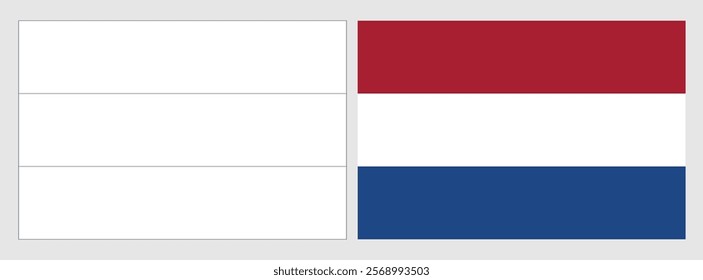 Netherlands flag - coloring page. Set of white wireframe thin black outline flag and original colored flag.