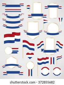 Netherlands flag decoration elements. Banners, labels, ribbons, icons, badges and other templates for design