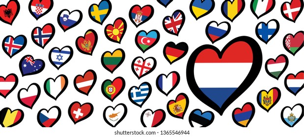 the Netherlands flag in eurovision style. Europe contest song festival with heart flags logo. international music party. Vector patern. 2021 Holland or Dutch. S10, Duncan Laurence