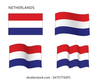 Bandera de los Países Bajos en configuración plana y ondulada, Ilustración vectorial aislada sobre fondo blanco, eps