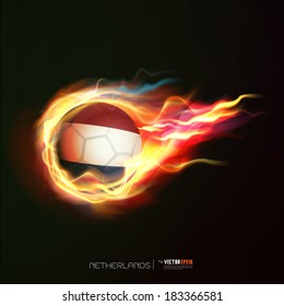 Netherlands flag with flying soccer ball on fire isolated black background, vector illustration