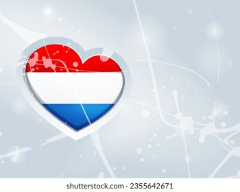 Netherlands Flag in the form of a 3D heart and abstract paint spots background. Flag of Netherlands. Use for brochures, printed materials, logos, signs, elements, etc.